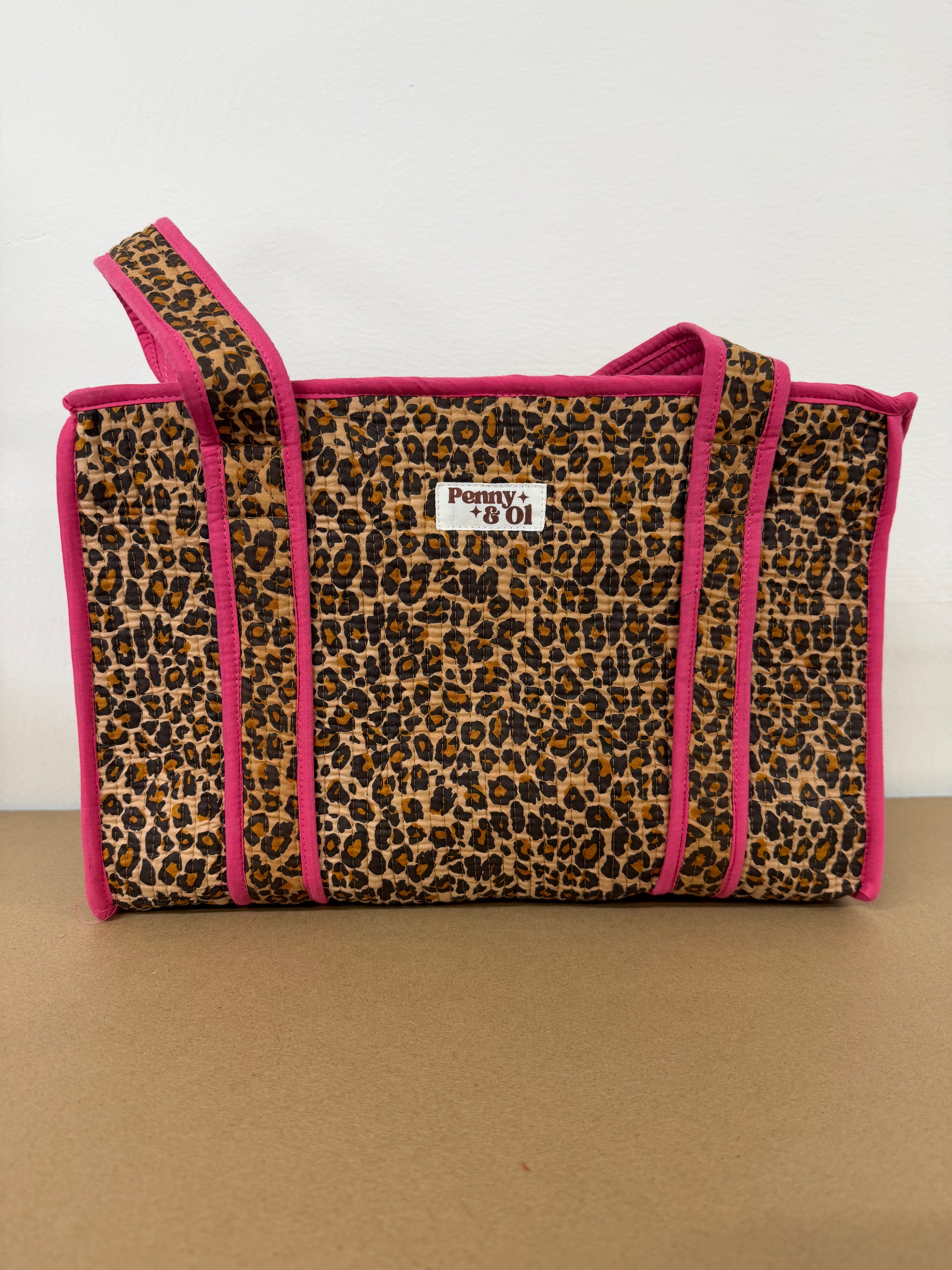 Pink Leopard Print Medium Cotton, handmade tote bag