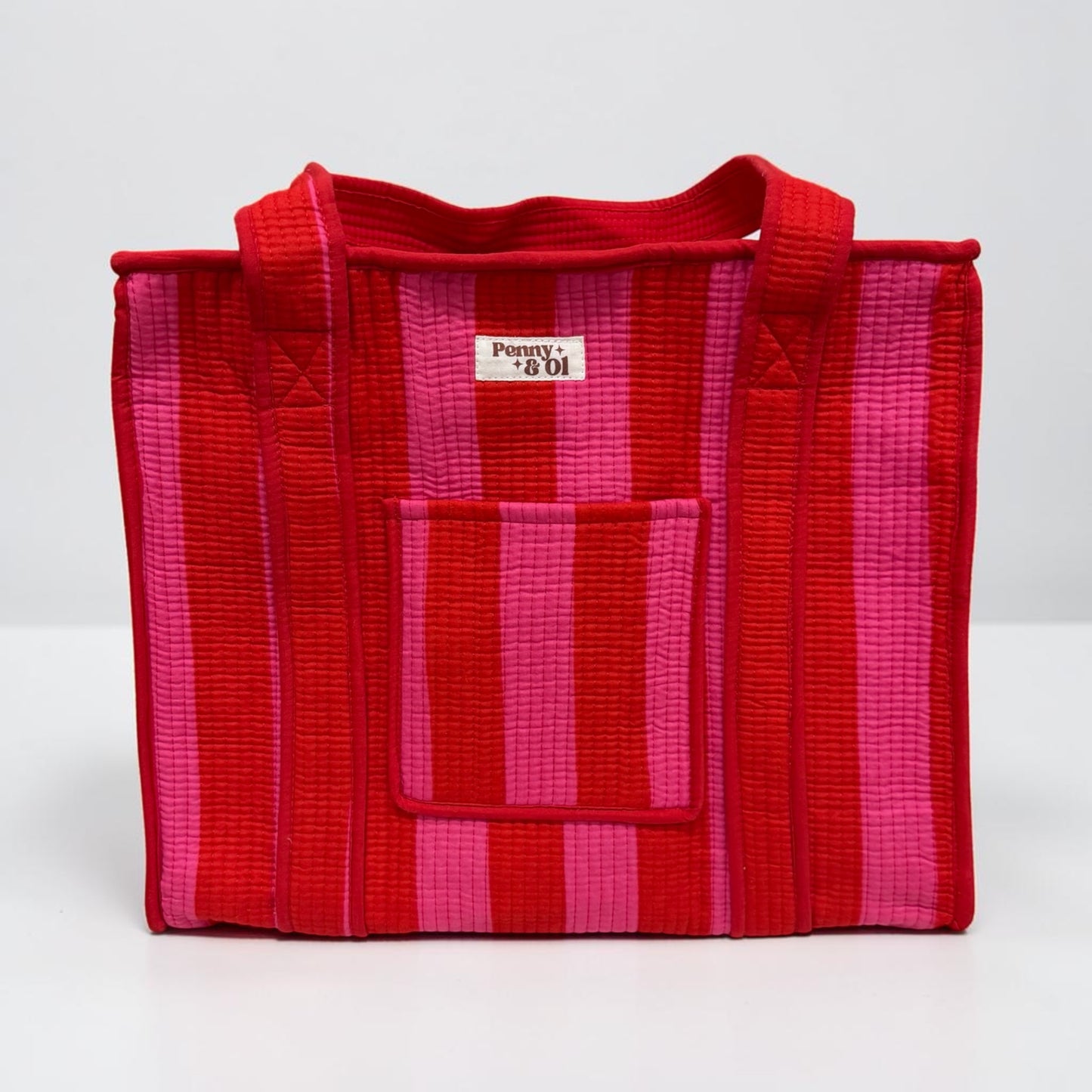 Pink & Red Stripe Travel Tote, Handmade Cotton Tote Bag