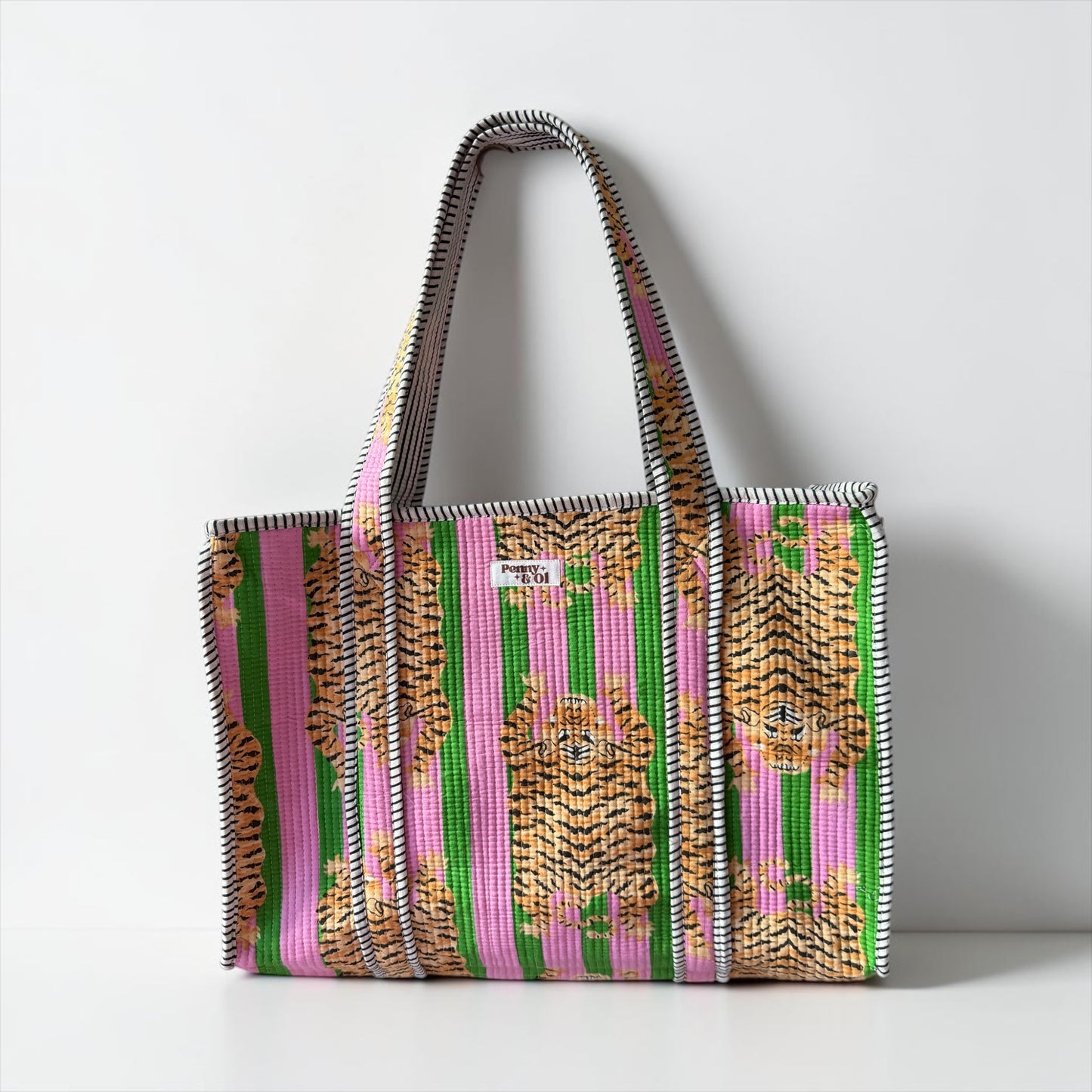 Pink and green striped tiger Large Cotton Tote Bag, handmade tote bags