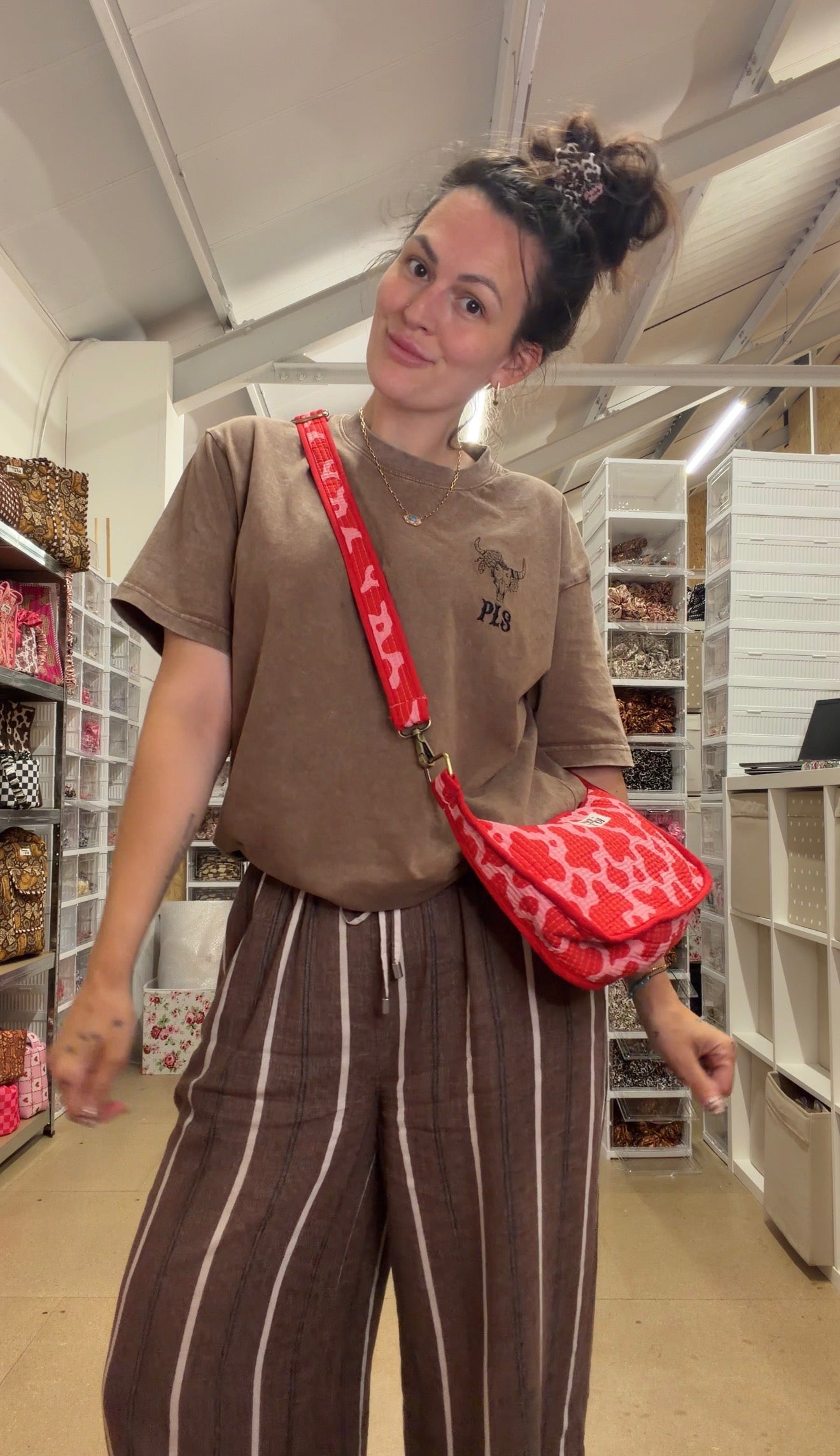 Pink & Red Cow Print Mini Shoulder Bag, Handmade Cotton Tote Bags