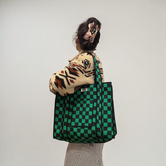 Green & Black Checkerboard Travel Tote, Handmade Cotton Tote Bag