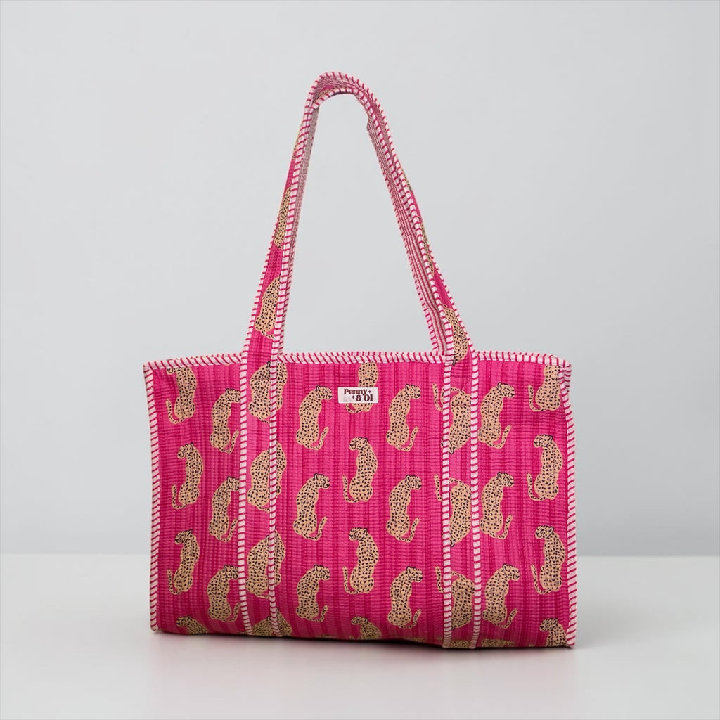 Pink striped leopard LARGE Cotton Tote Bag