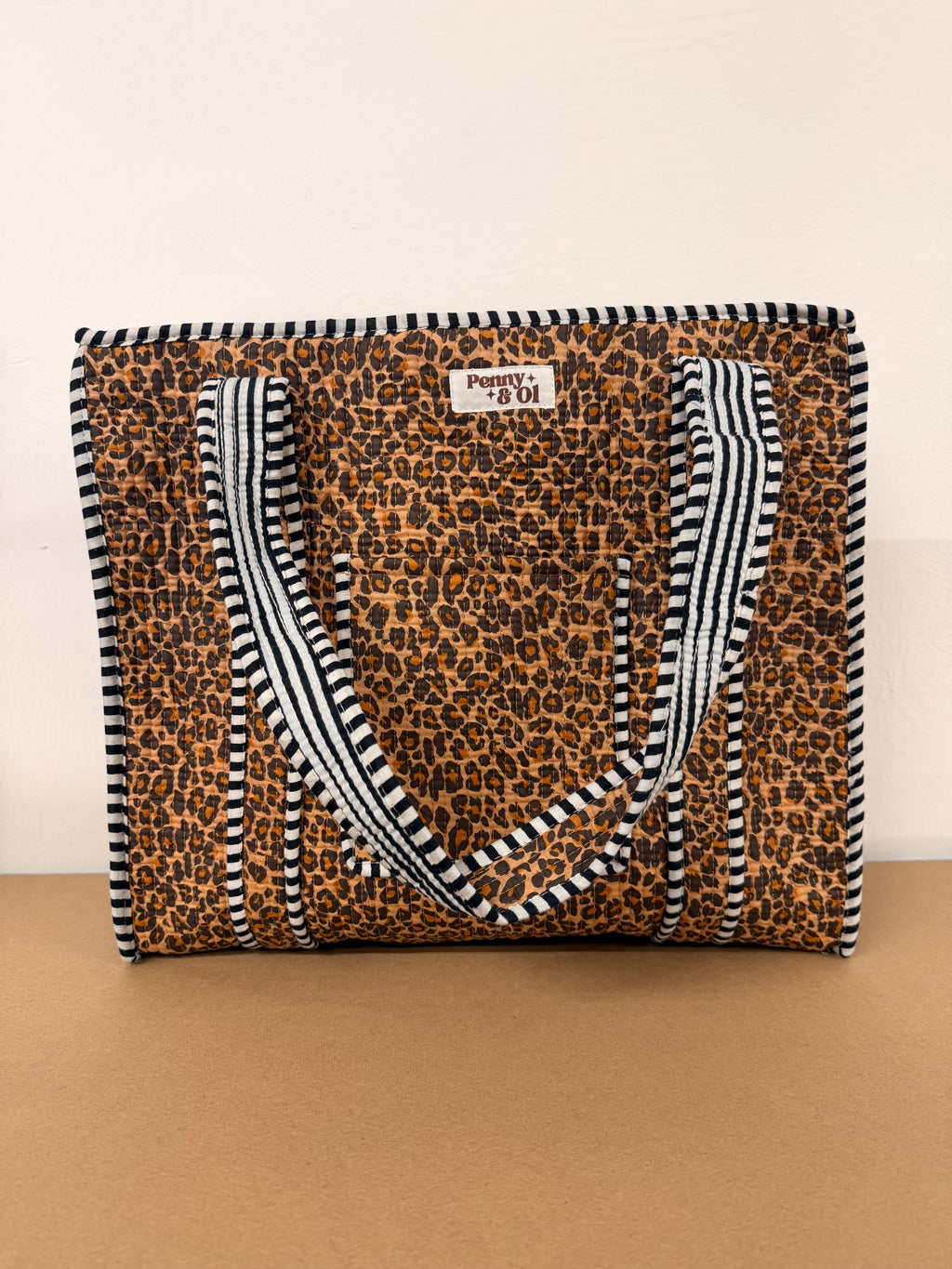 Dark Leopard Print Travel Tote, Handmade Cotton Tote Bag