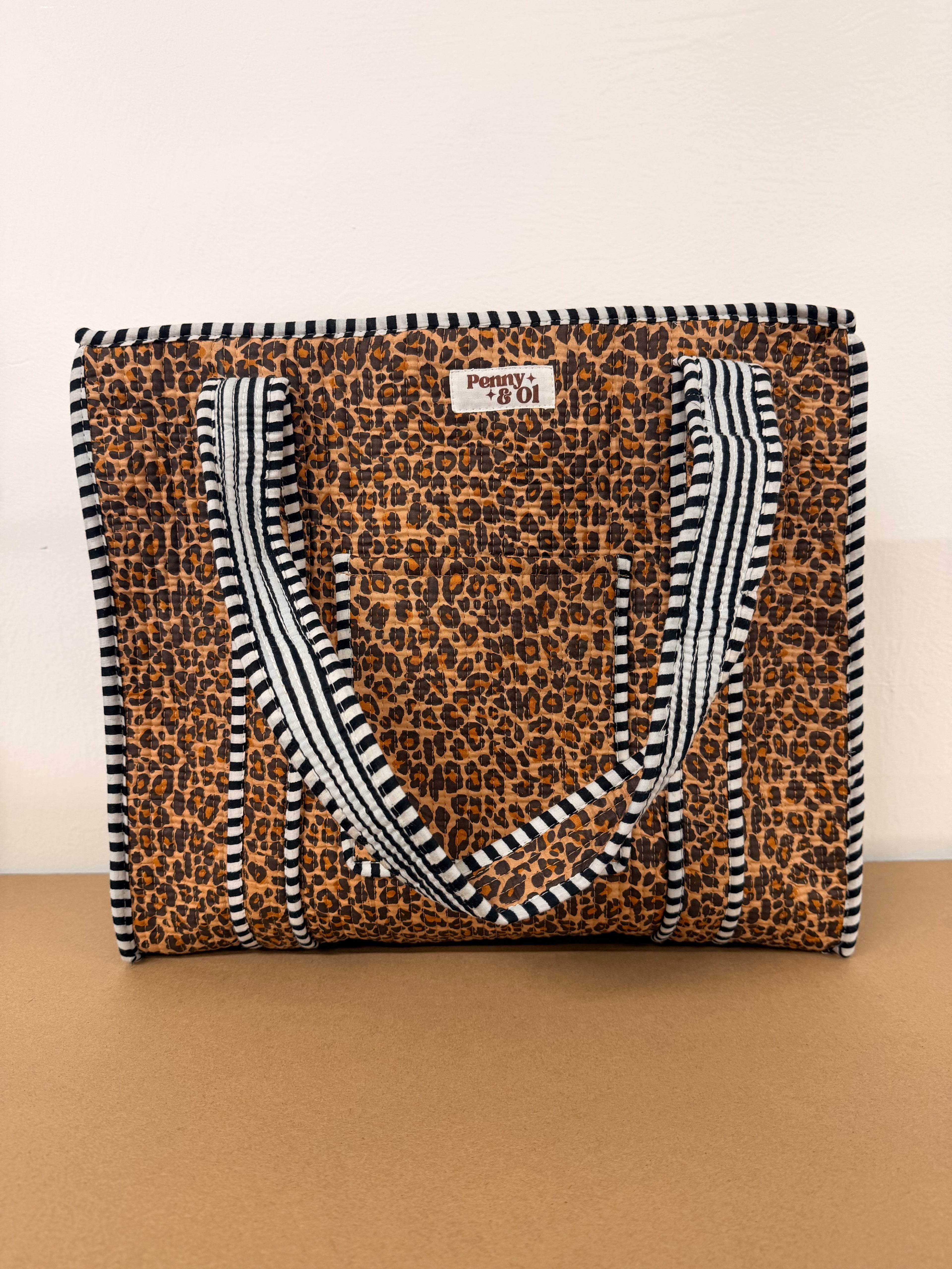 Dark Leopard Print Travel Tote, Handmade Cotton Tote Bag