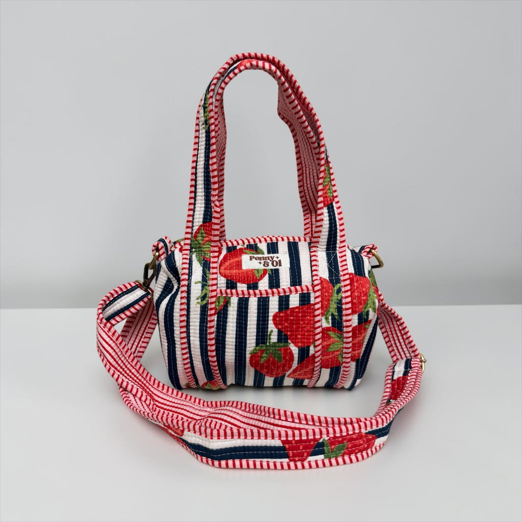 Navy Stripe Strawberry MINI DUFFLE Tote Bags - Penny & Ol