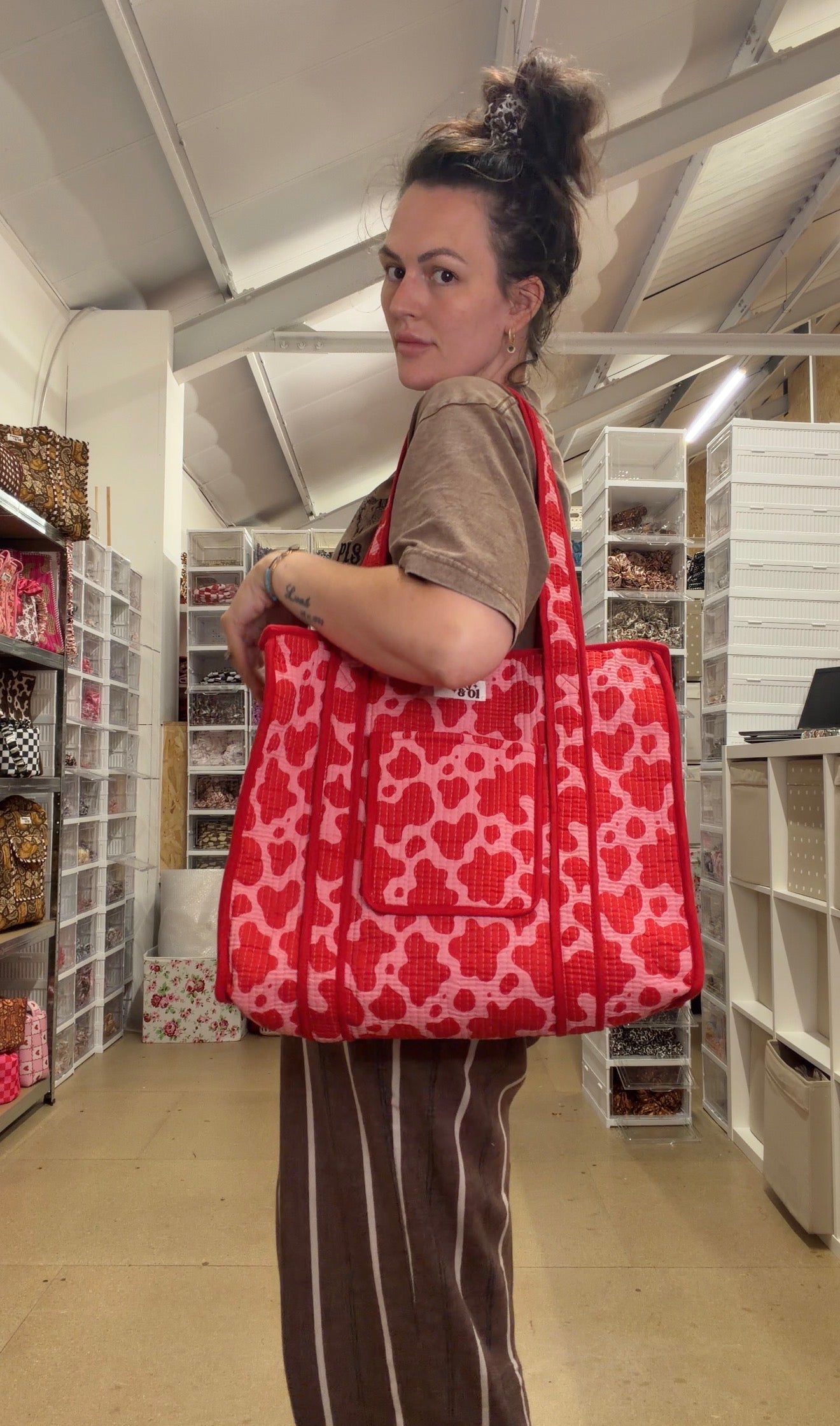 Pink & Red Cow Print
 Travel Tote, Handmade Cotton Tote Bag