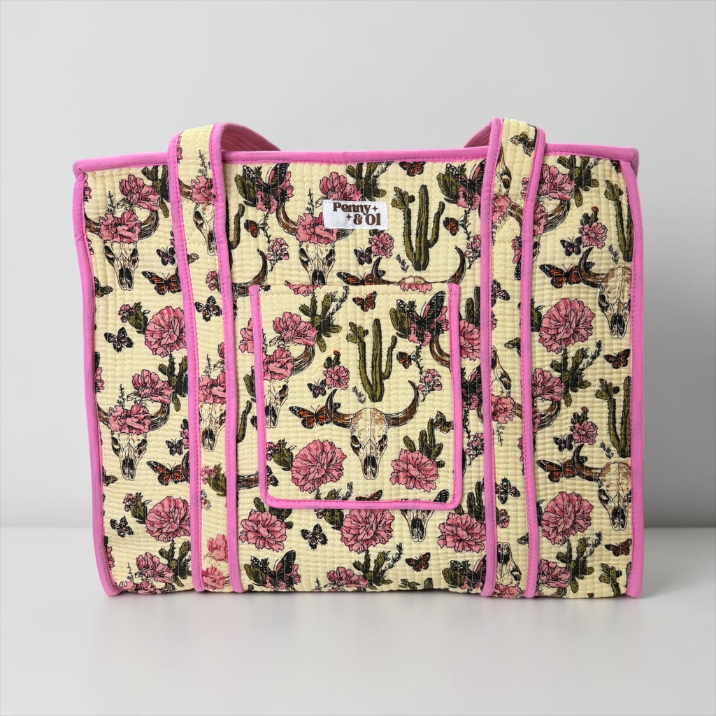 Pink Vintage Western Travel Tote, Handmade Cotton Tote Bag