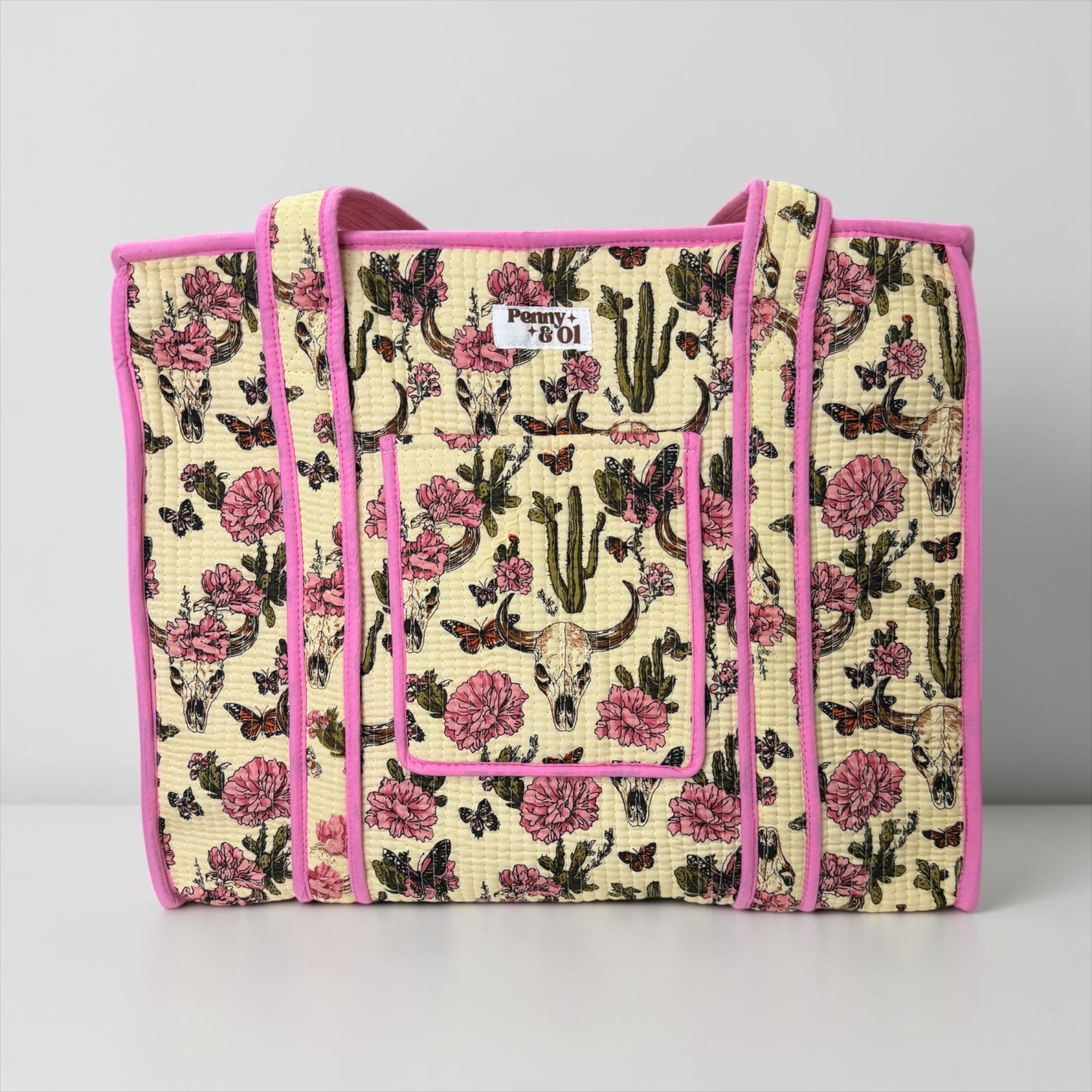 Pink Vintage Western Travel Tote, Handmade Cotton Tote Bag