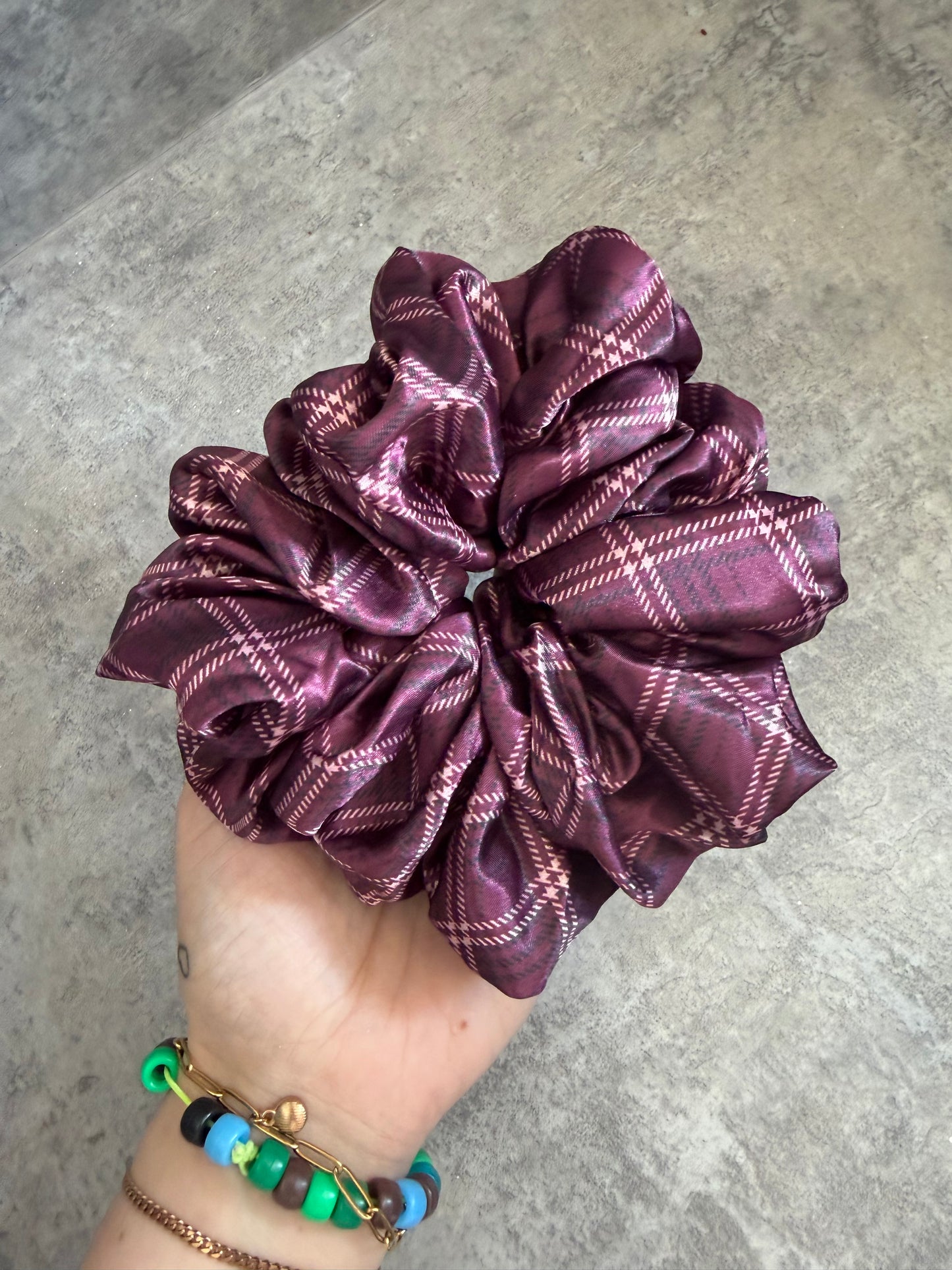 Plum tartan print XL Satin Hair Scrunchie