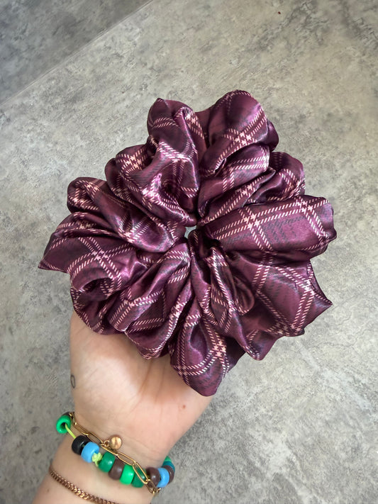 Plum tartan print XL Satin Hair Scrunchie