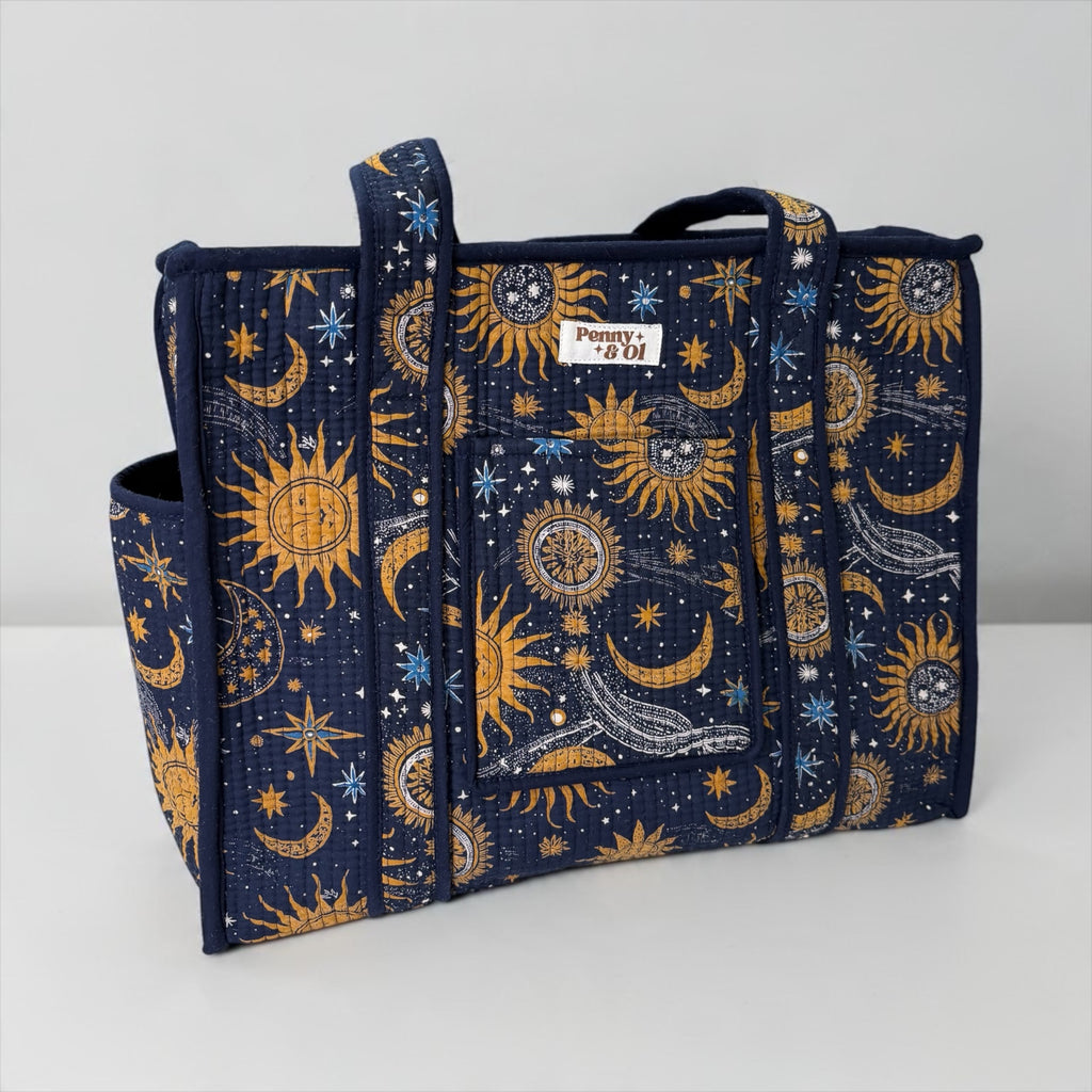 Celestial Travel Tote, Handmade Cotton Tote Bag