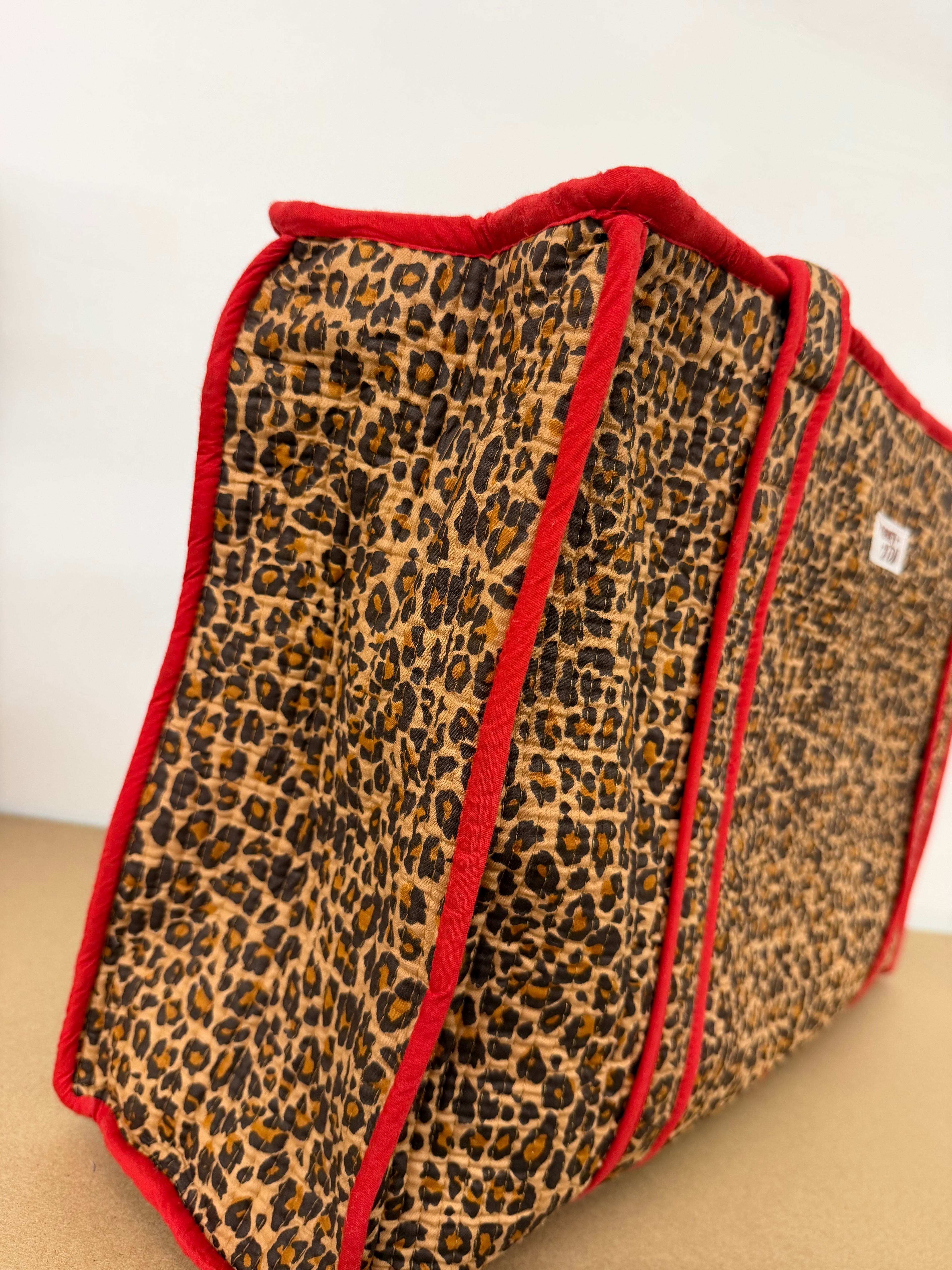 Red Leopard Print Large Cotton Tote Bag, handmade tote bags