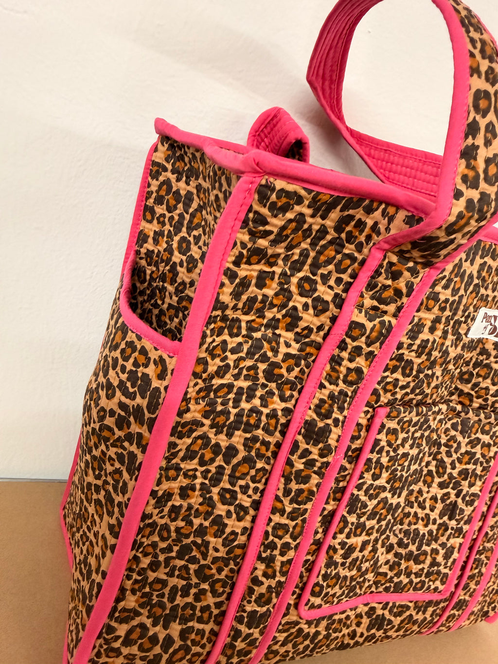 Pink Leopard Print Travel Tote, Handmade Cotton Tote Bag