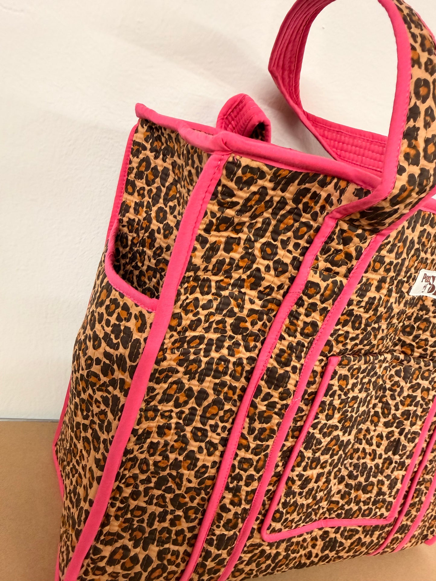 Pink Leopard Print Travel Tote, Handmade Cotton Tote Bag