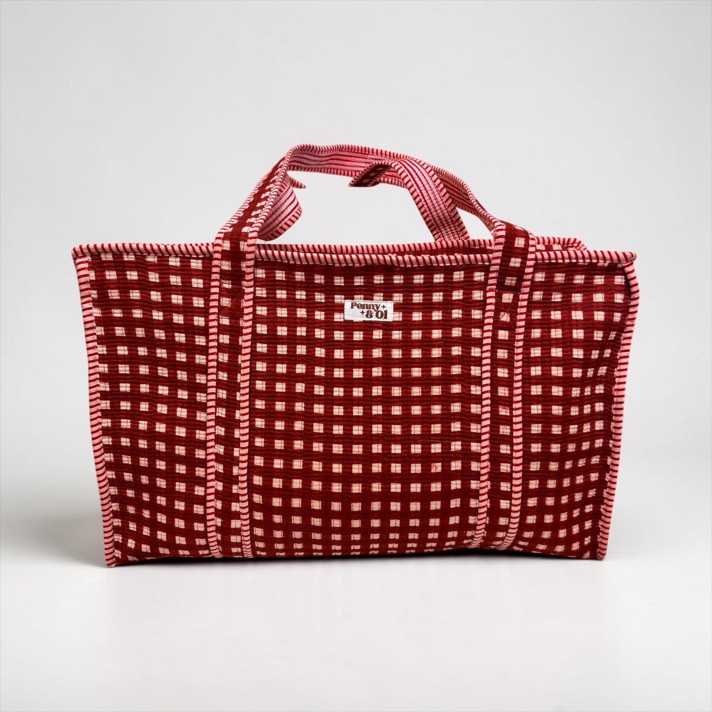 Burgundy Gingham LARGE Cotton Tote Bag