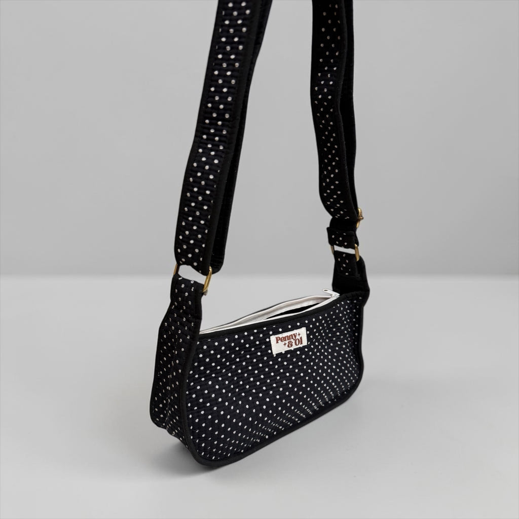 Black polka dot Mini Shoulder Bag, Handmade Cotton Tote Bags