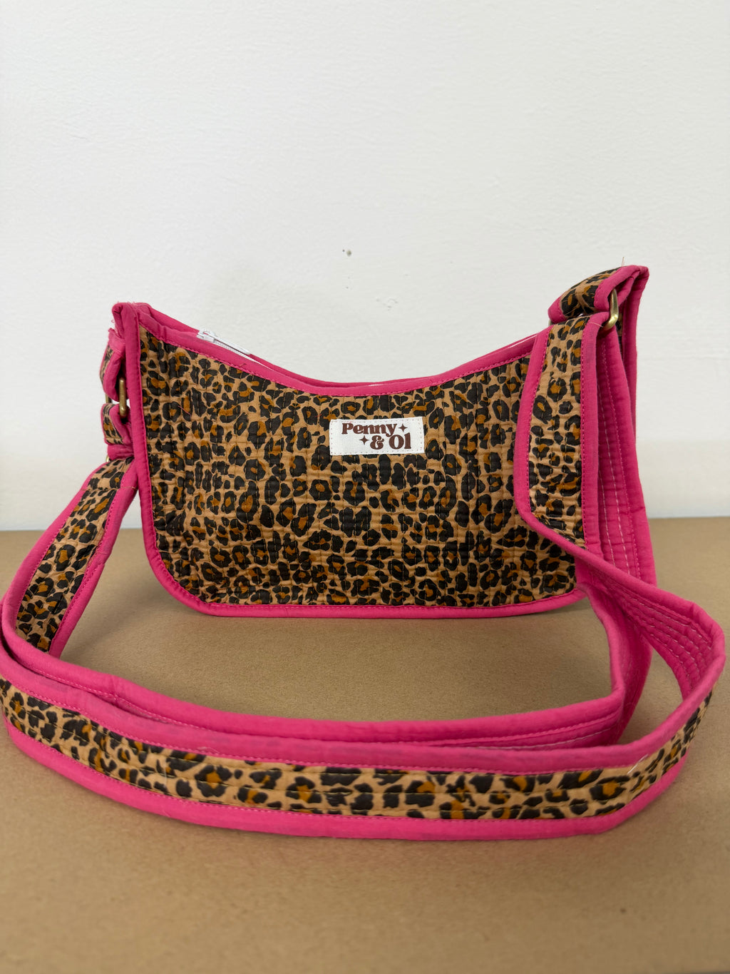 Pink Leopard Mini Shoulder Bag, Handmade Cotton Tote Bags