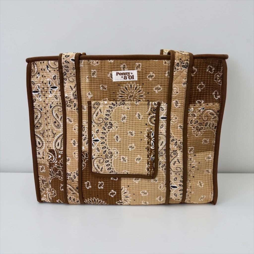 Beige & Brown Paisley Bandana Travel Tote, Handmade Cotton Tote Bag