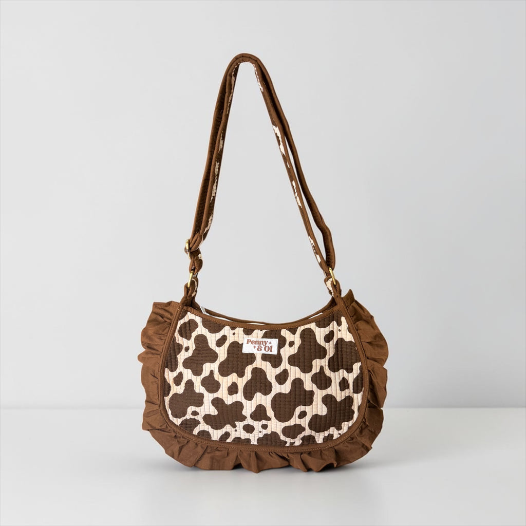 Cow Print Ruffle Shoulder Bag, Handmade Cotton Tote Bags