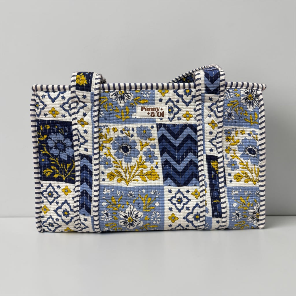 Blue & White Patchwork MEDIUM Cotton tote bag