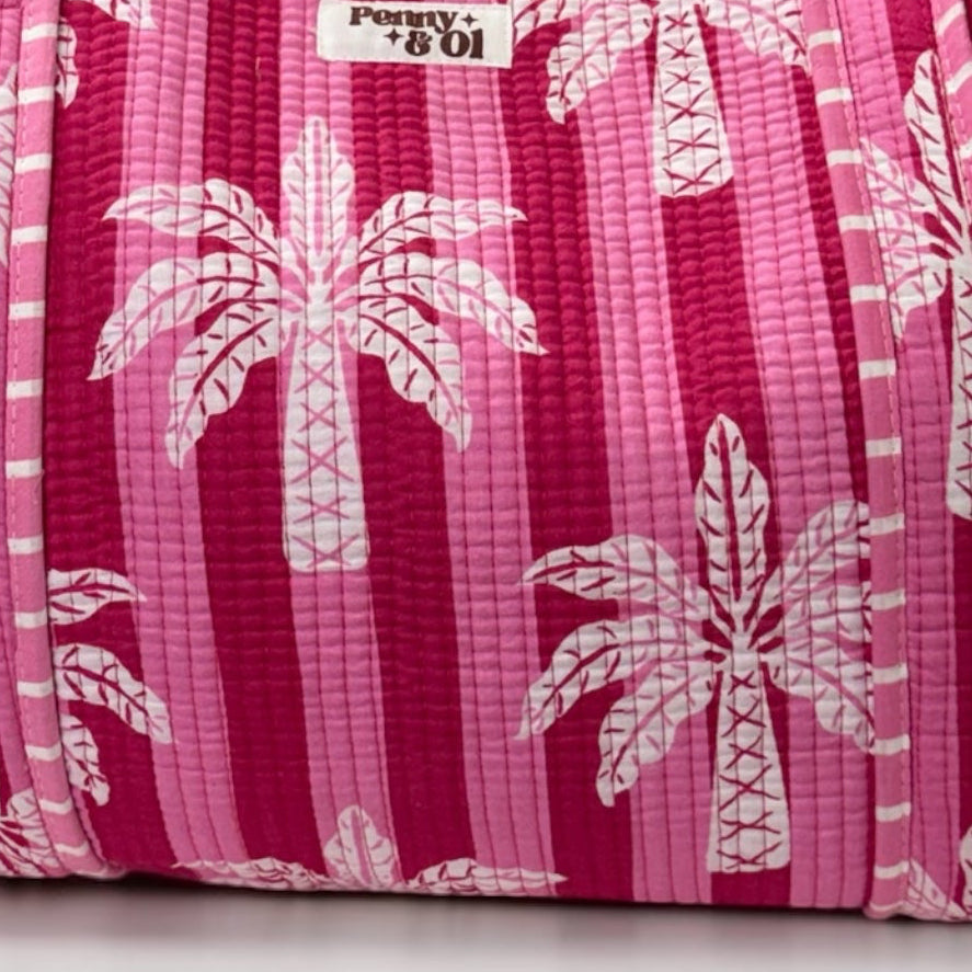 Pink stripe palm tree REVERSIBLE Large Cotton Tote Bag, handmade tote bags