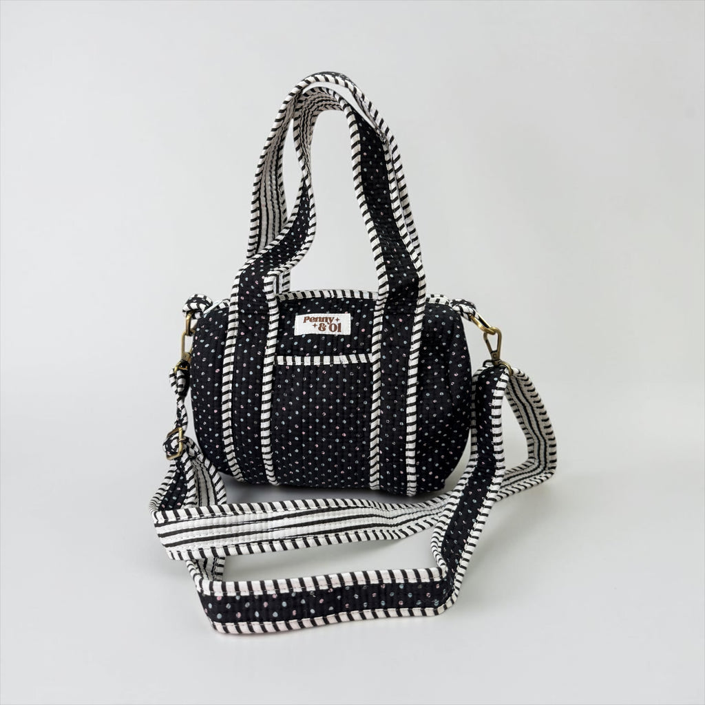 Black with baby pink & baby blue polka dot Mini Duffle Tote Bags - Penny & Ol