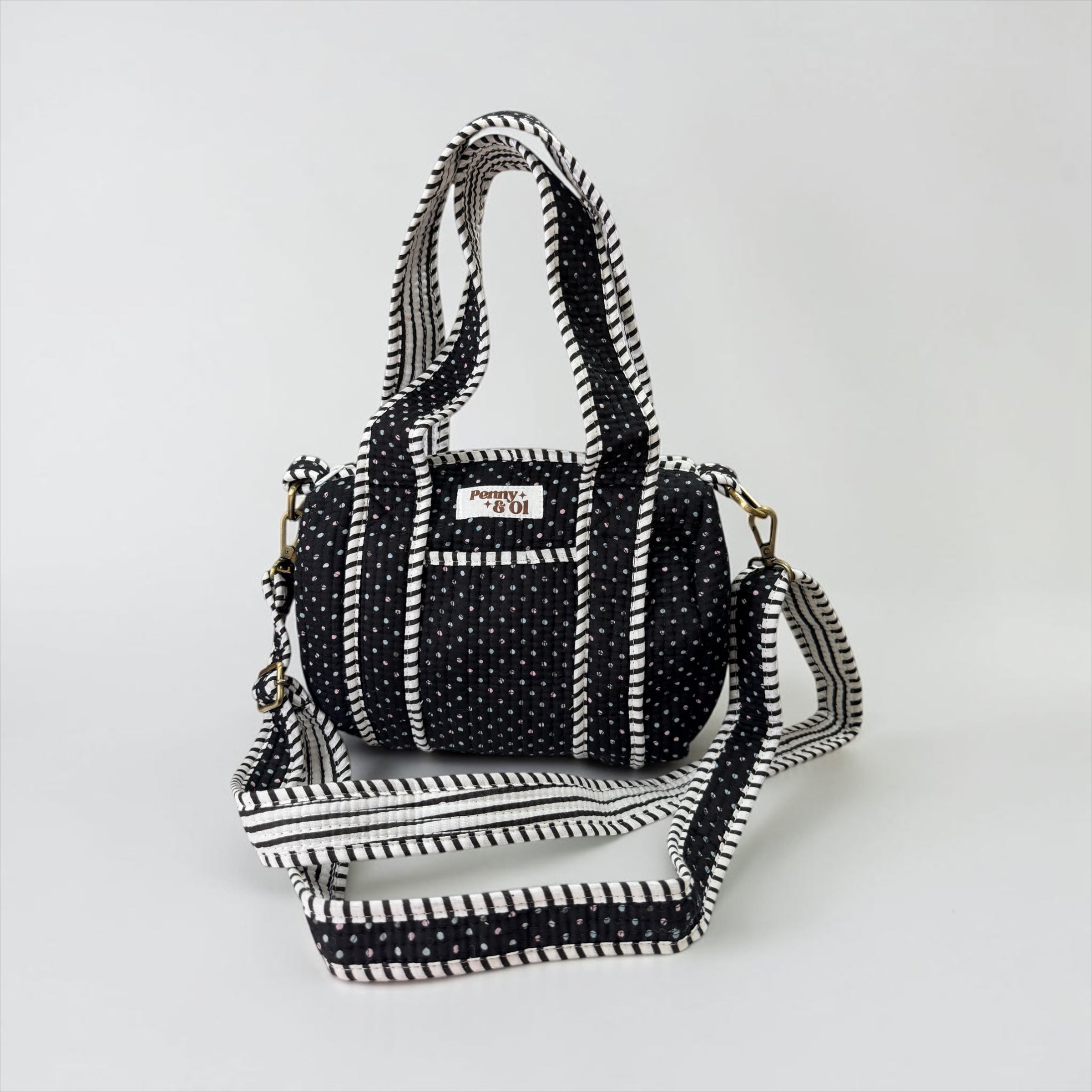 Black with baby pink & baby blue polka dot Mini Duffle Tote Bags - Penny & Ol
