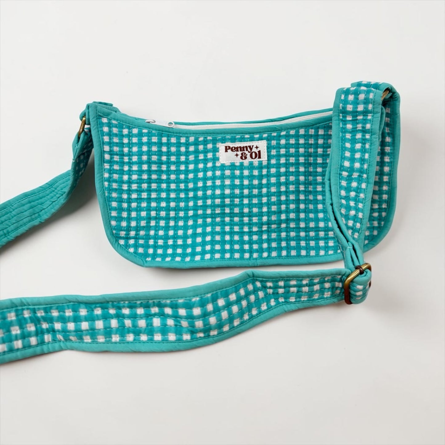 Aqua Gingham Mini Shoulder Bag, Handmade Cotton Tote Bags