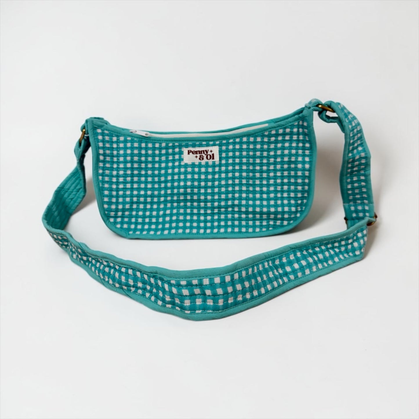 Aqua Gingham Mini Shoulder Bag, Handmade Cotton Tote Bags