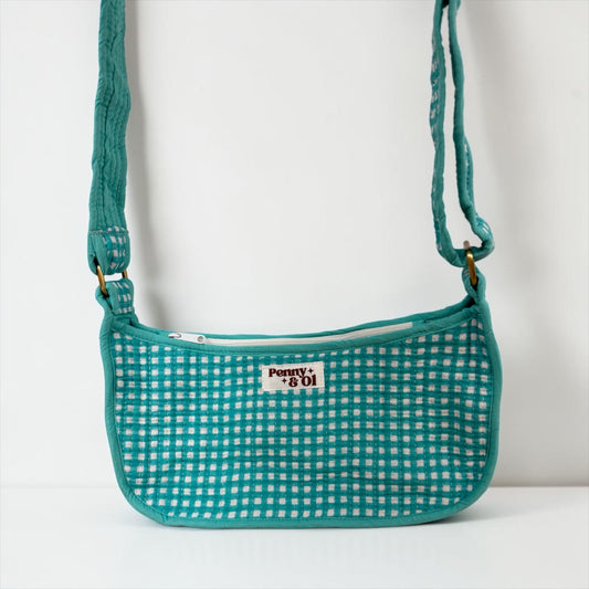 Aqua Gingham Mini Shoulder Bag, Handmade Cotton Tote Bags