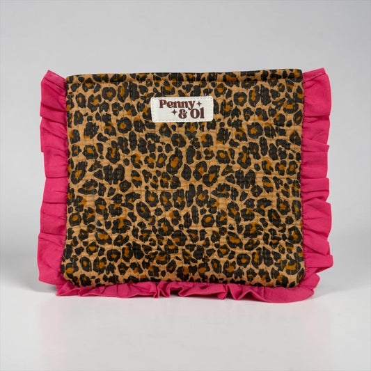 Pink Leopard Print Ruffle Pouch