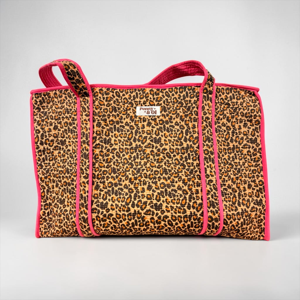 Pink Leopard Print Large Cotton Tote Bag, handmade tote bags