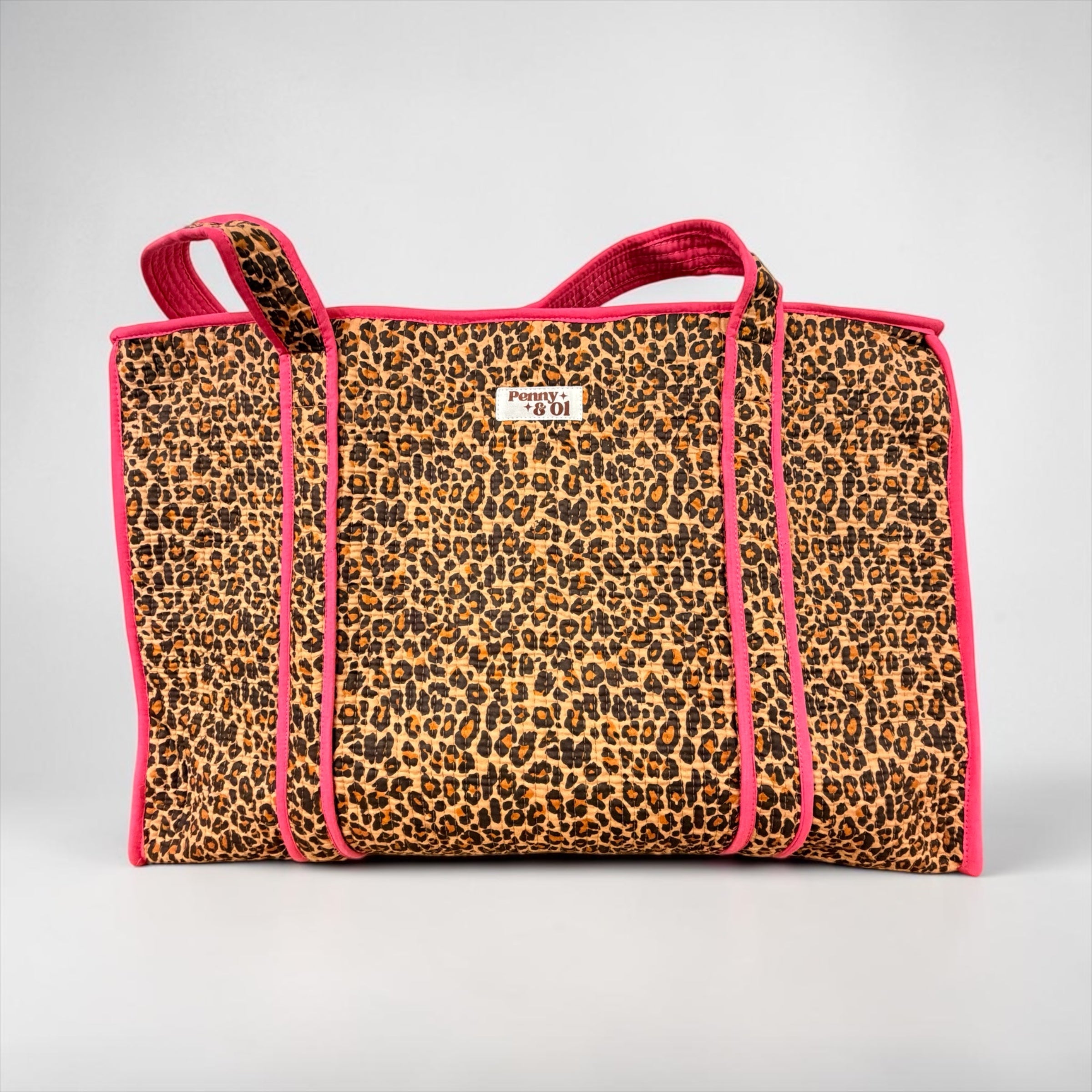 Pink Leopard Print Large Cotton Tote Bag, handmade tote bags
