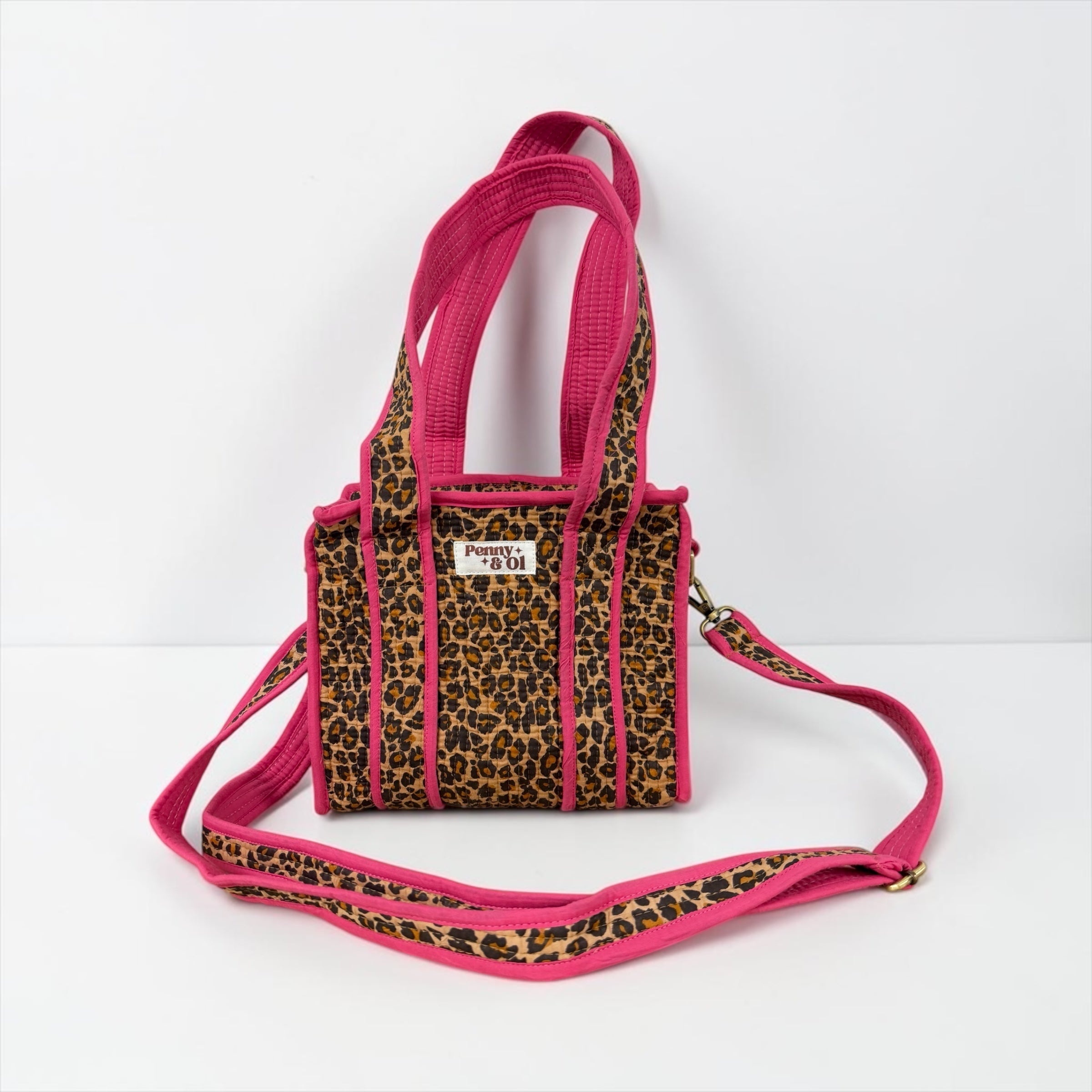 Pink Leopard Mini Tote, Handmade Cotton Tote Bag