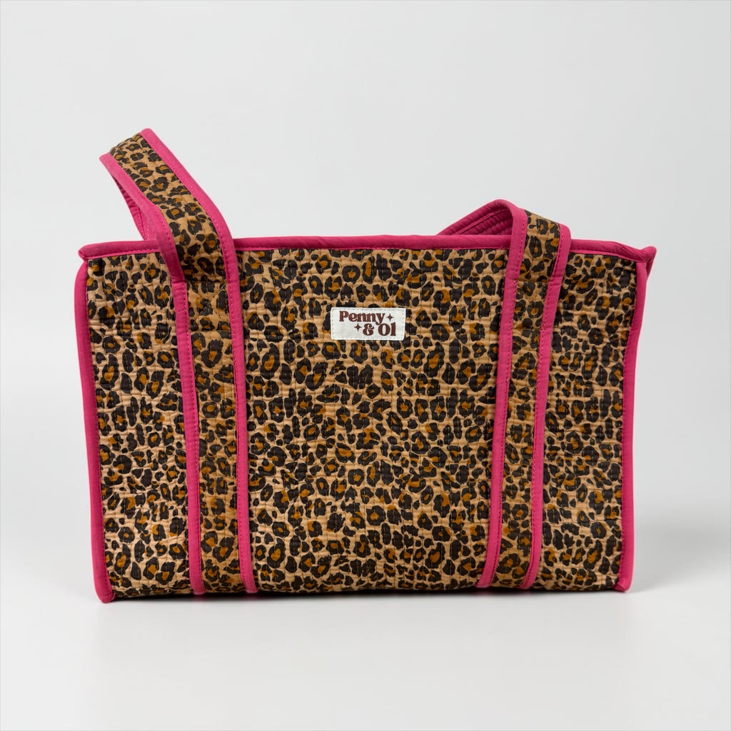 Pink Leopard Print Medium Cotton, handmade tote bag