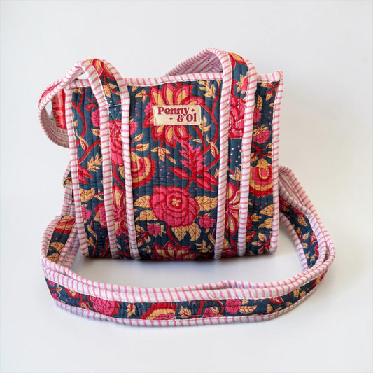 Navy Blossom Mini Tote, Cotton, handmade tote bags