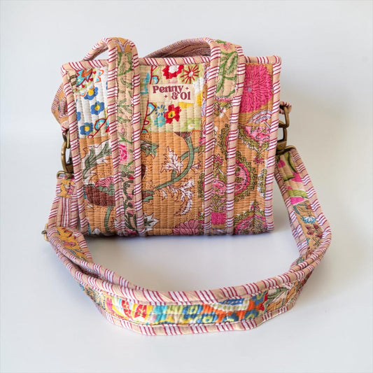 Beige Patchwork Mini Tote, Cotton, handmade tote bags