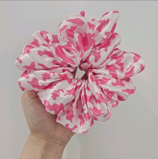 Pink Cow Print XL Satin Hair Scrunchie.