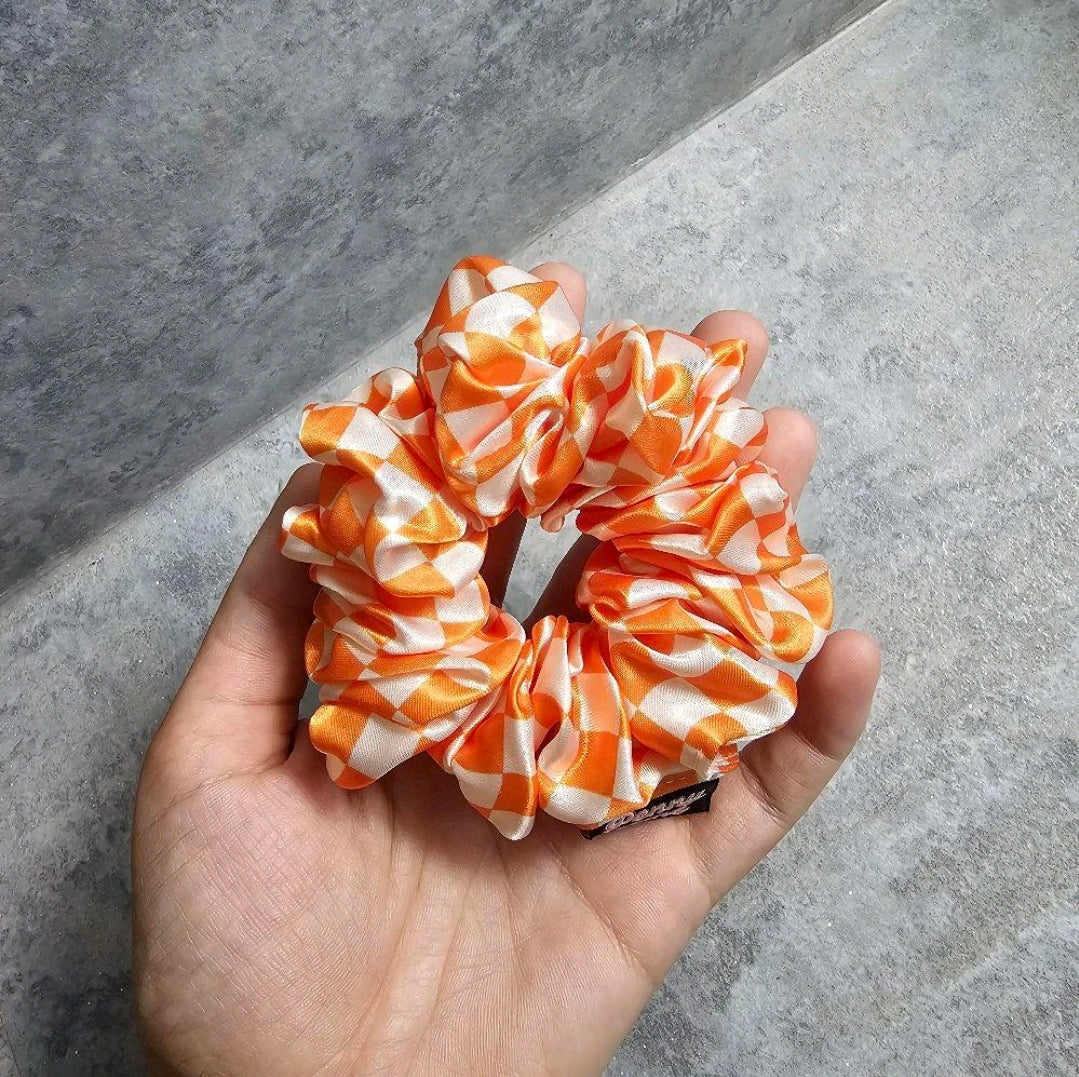 Orange Checkered Midi Satin Hair Scrunchie