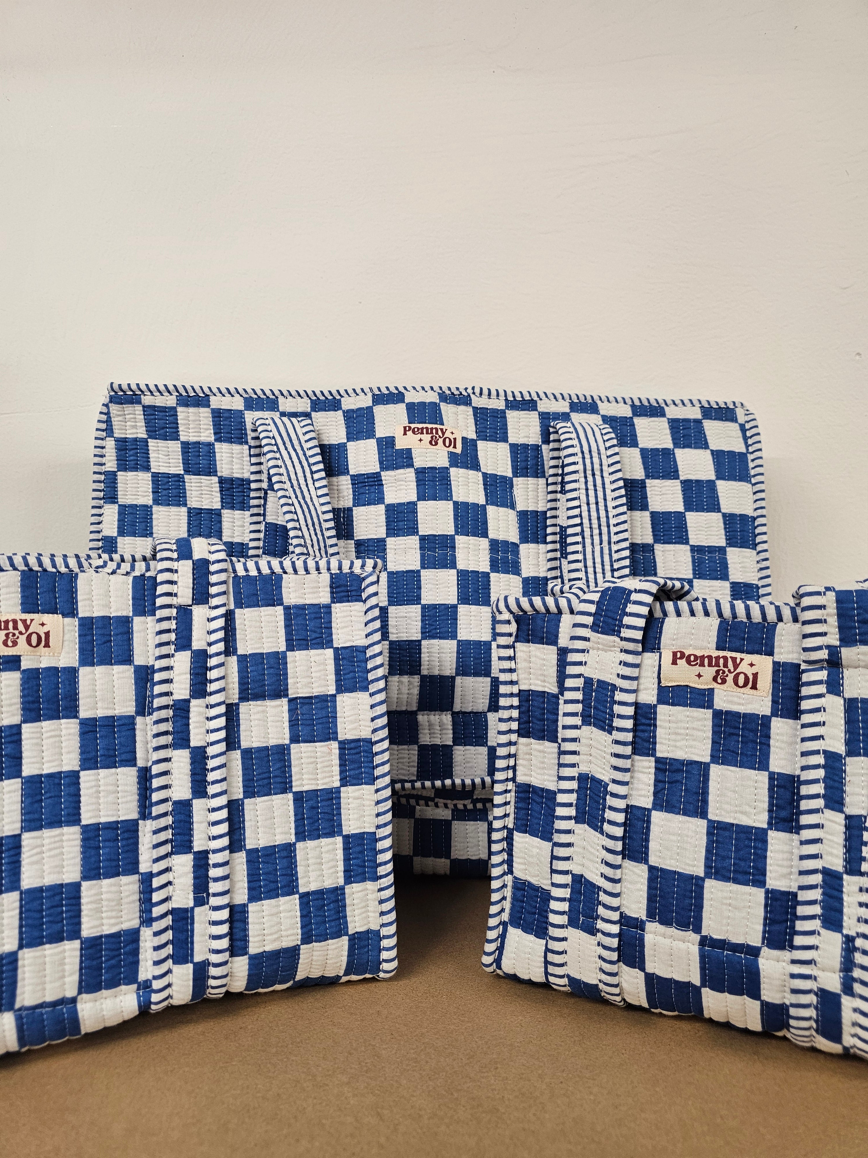 Blue Checkerboard Collection. Cotton, handmade tote bags