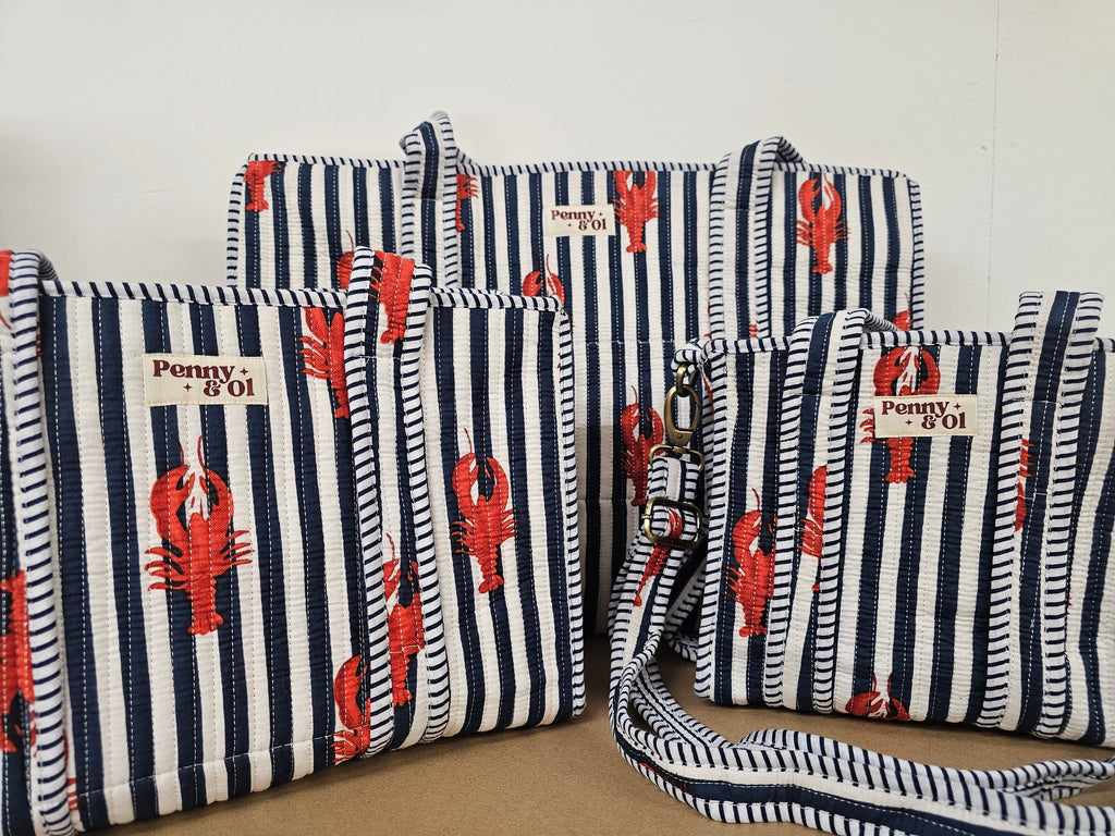 Navy Striped Lobster Collection. Cotton, handmade tote bags