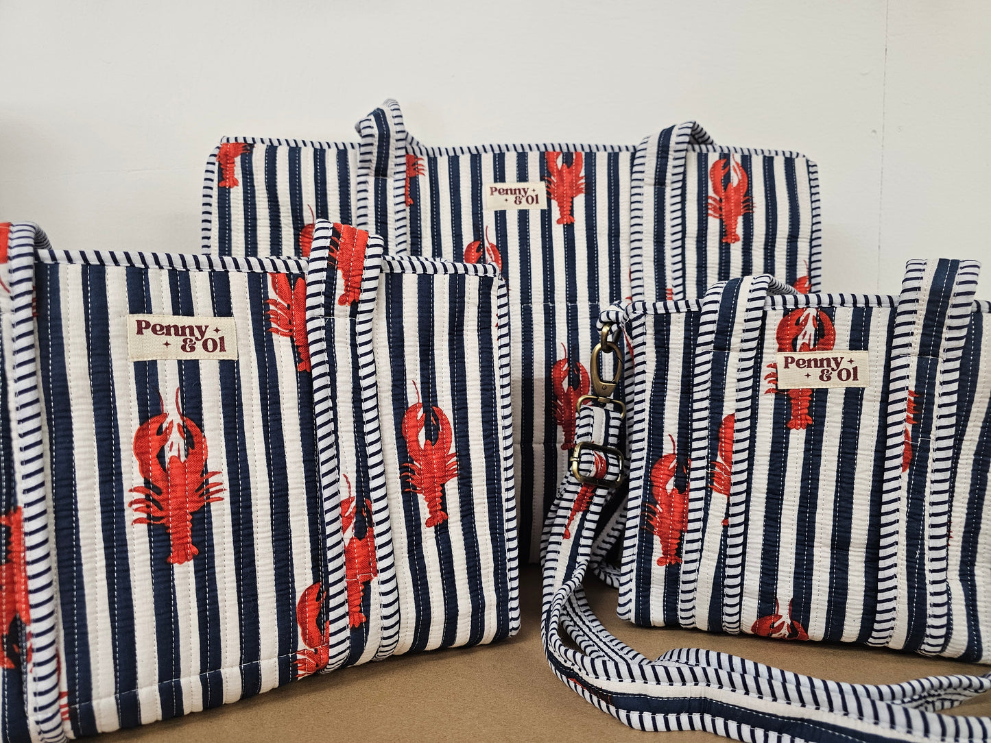 Navy Striped Lobster Collection. Cotton, handmade tote bags