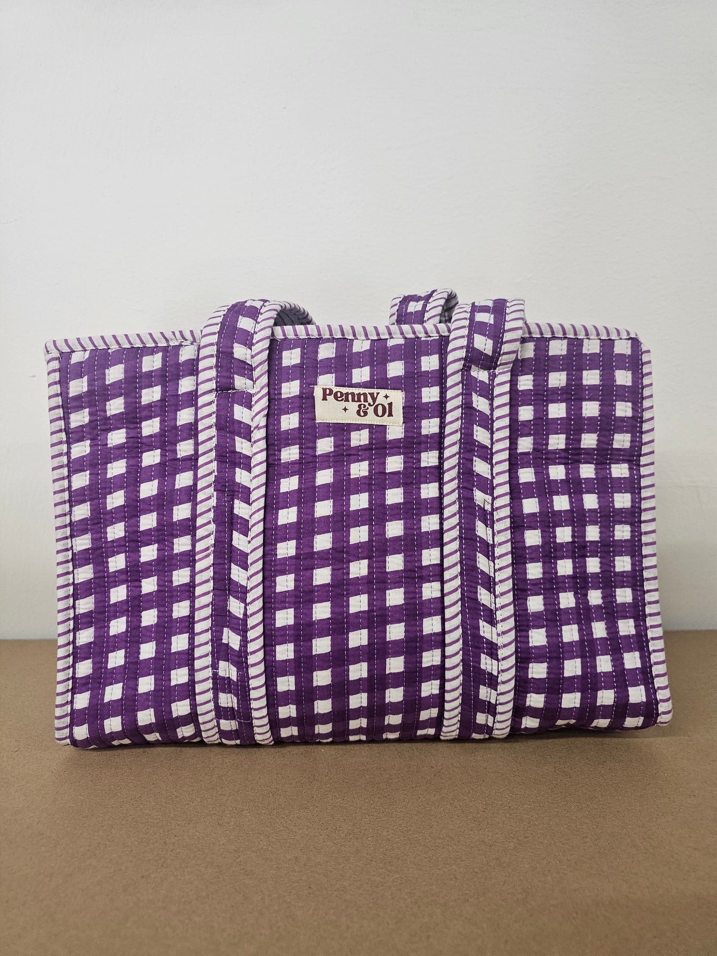 Purple Gingham Collection tote bags. Cotton tote bags all sizes