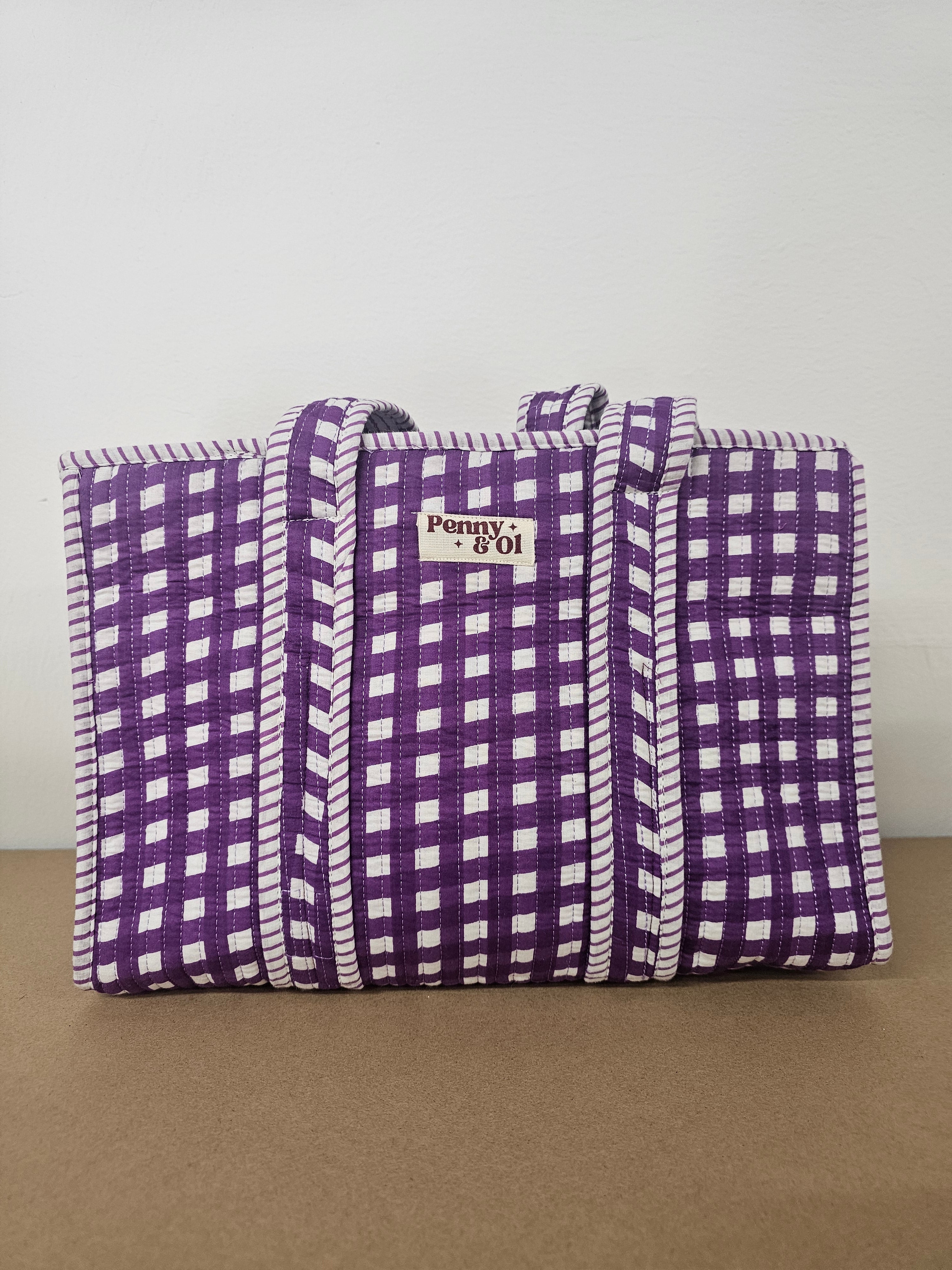 Purple Gingham Collection tote bags. Cotton tote bags all sizes