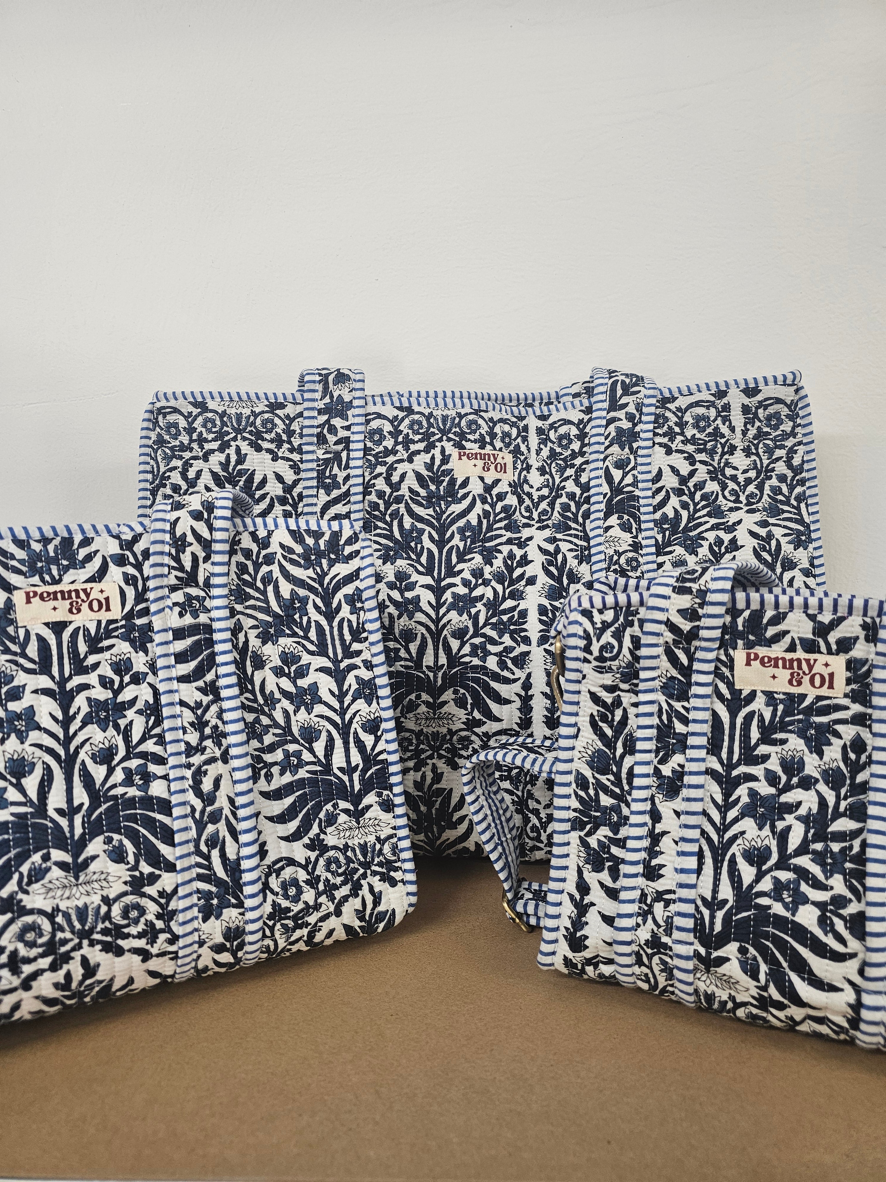 Navy Bloom Collection tote bags. Cotton tote bags all sizes