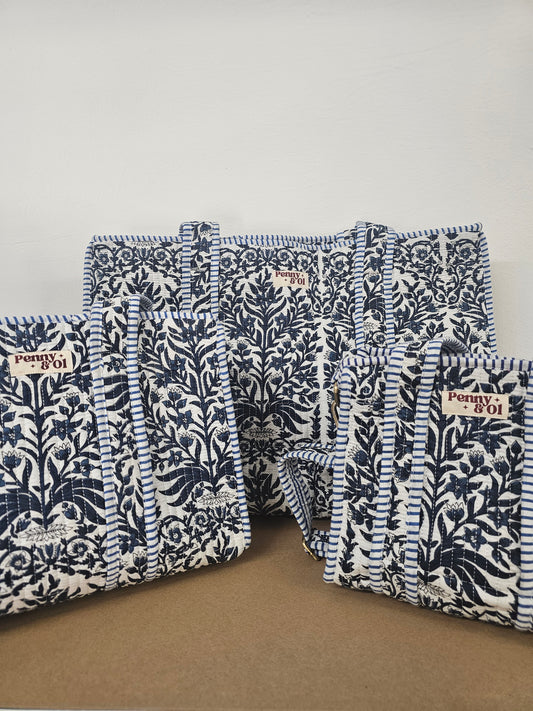 Navy Bloom Collection tote bags. Cotton tote bags all sizes