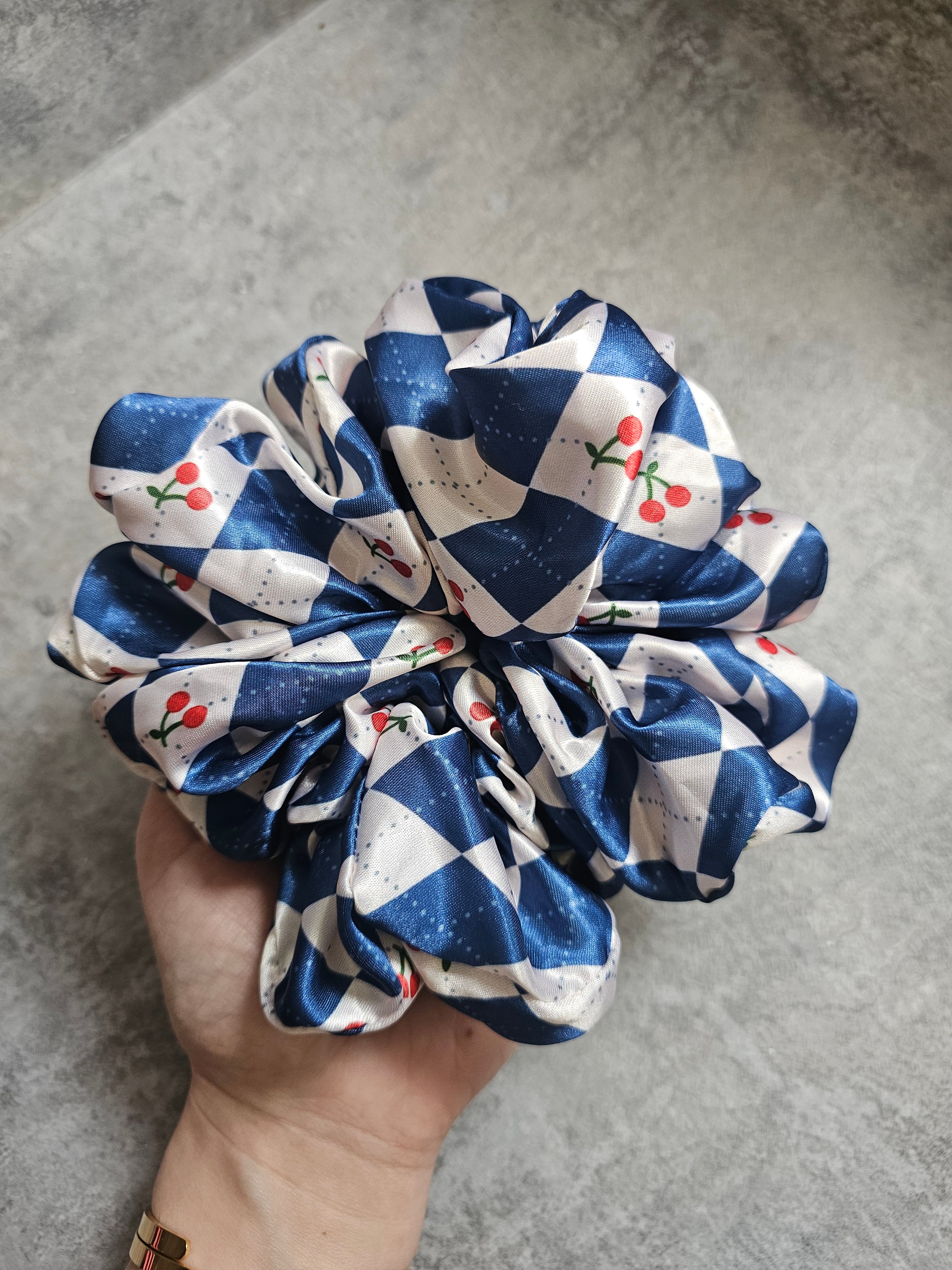 Blue diamond cherries XL Satin Hair Scrunchie