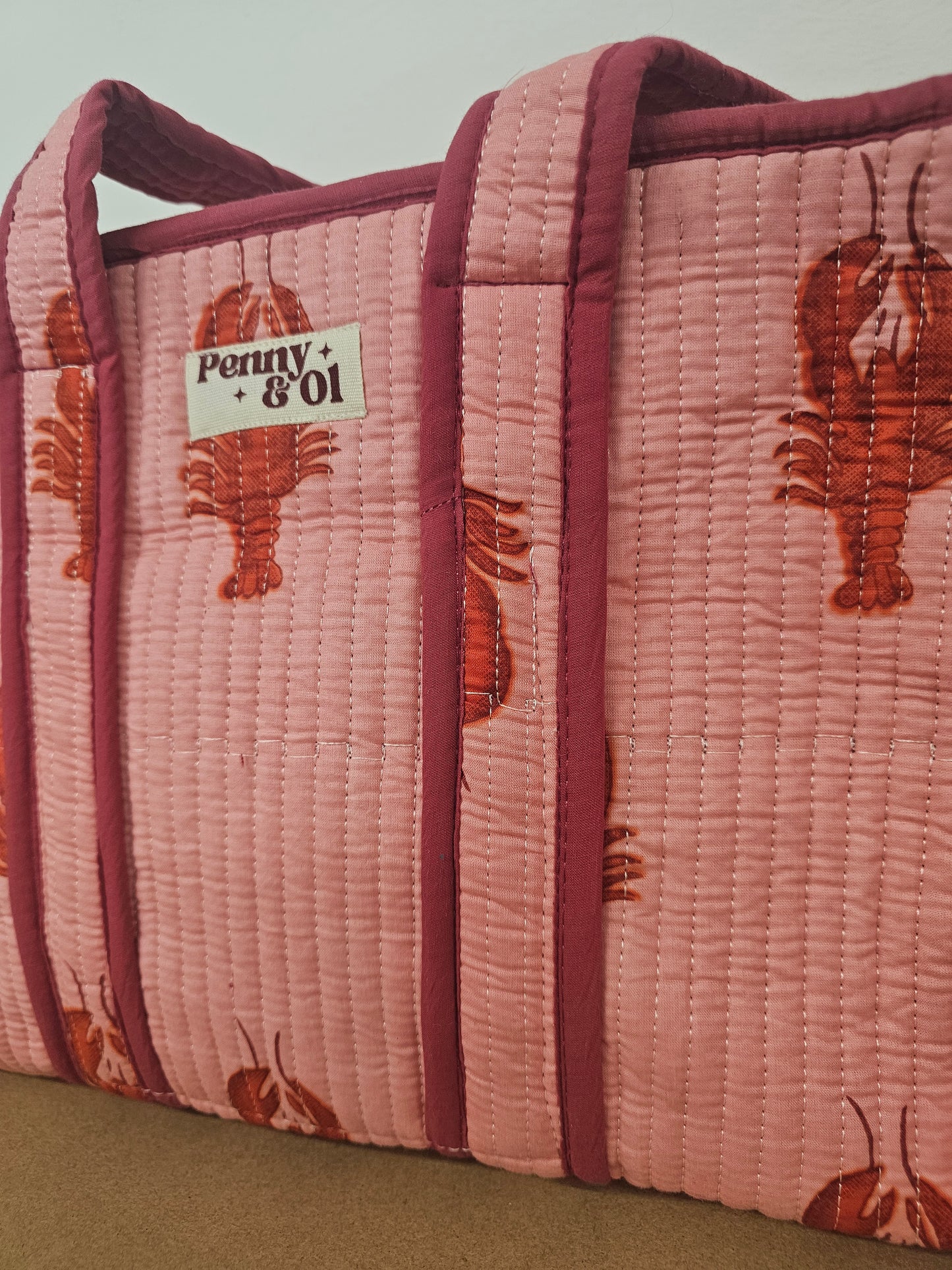 Pink Lobster Collection tote bags. Cotton tote bags all sizes