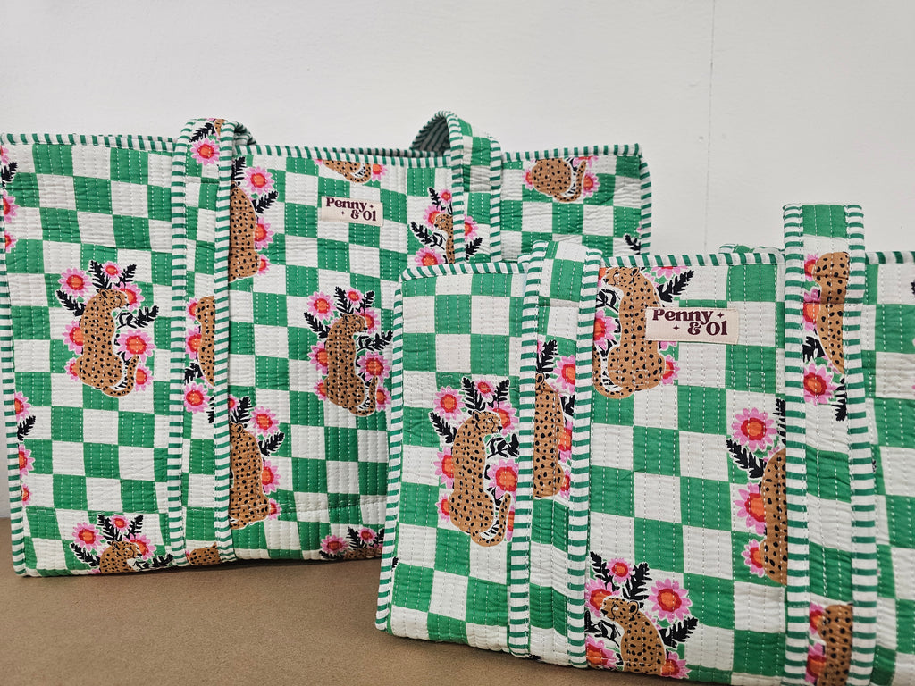 Green Checkered Leopard Collection. Cotton, handmade tote bags