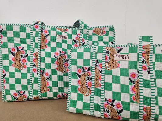 Green Checkered Leopard Collection. Cotton, handmade tote bags
